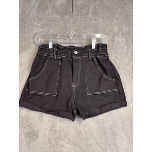 12th Tribe Black High Waisted Paperbag Shorts Contrast Stitch Rolled Cuff Medium